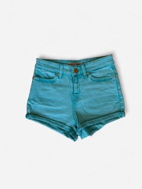 Topshop Retro Aqua Rave Stretchy Mini Denim Shorts (Size 4)